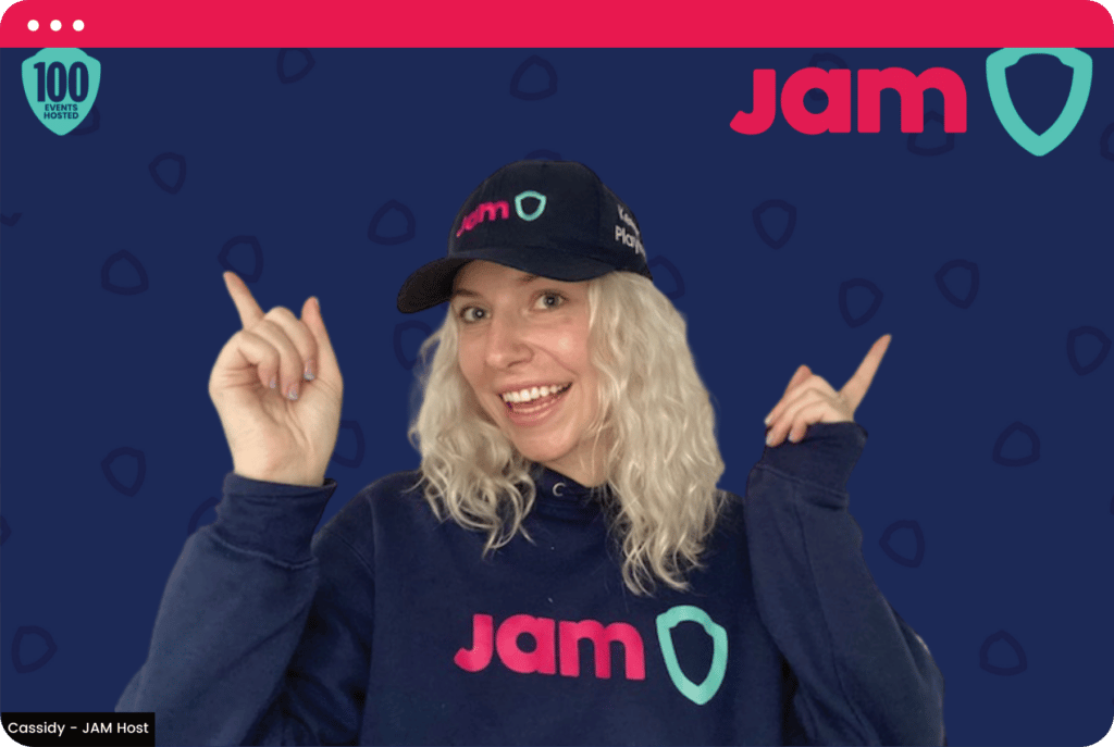 Our professional laugh-maker and virtual event host, Cassidy hosting Survey Says - one of JAM's most popular team building games 