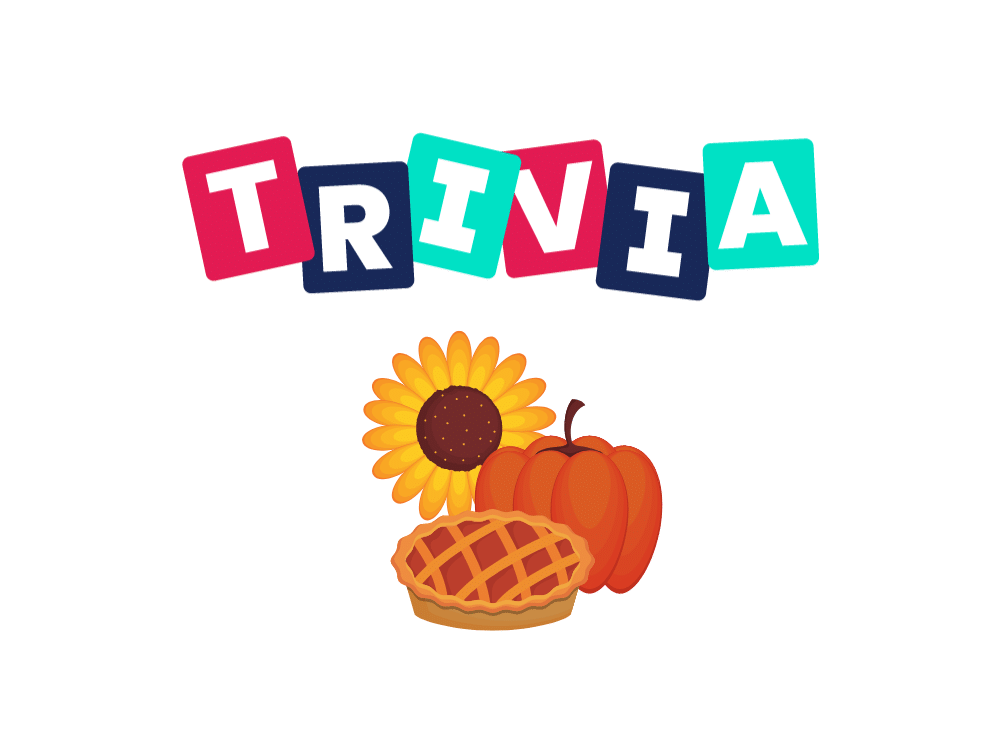 Say Hello to Fall Trivia. JAM's Trivia logo with graphic of a sunflower, pumpkin and apple pie